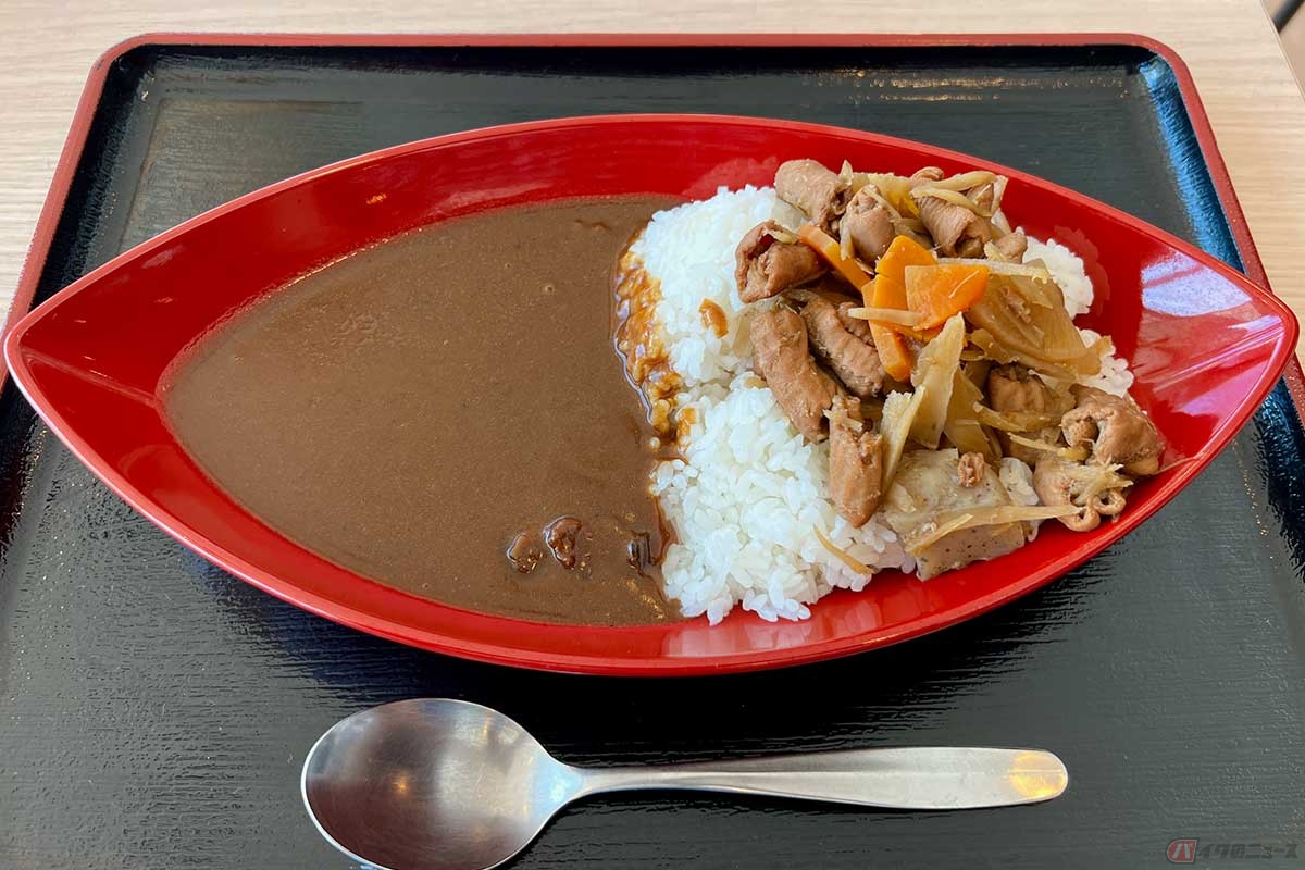 圏央道「狭山PA」（外回り）のフードコートで「上もつ煮カレー」（1150円）を実食。器のデザインでメニューを決めるのは初めてかも。どことなくレトロで可愛い