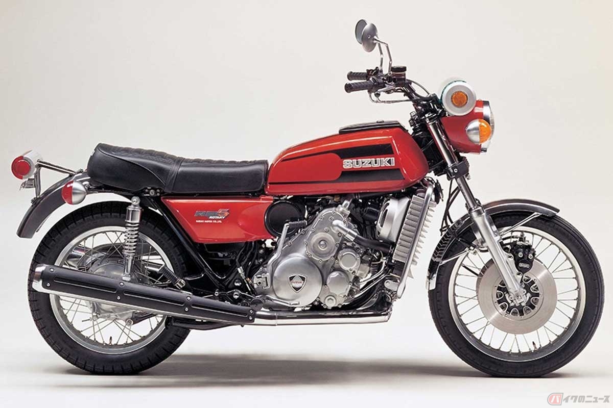 ロータリーエンジンを搭載する「RE-5」(1975年)は、排気量497ccのシングルローターが62馬力を発揮。輸出専用モデルで国内販売されなかった
