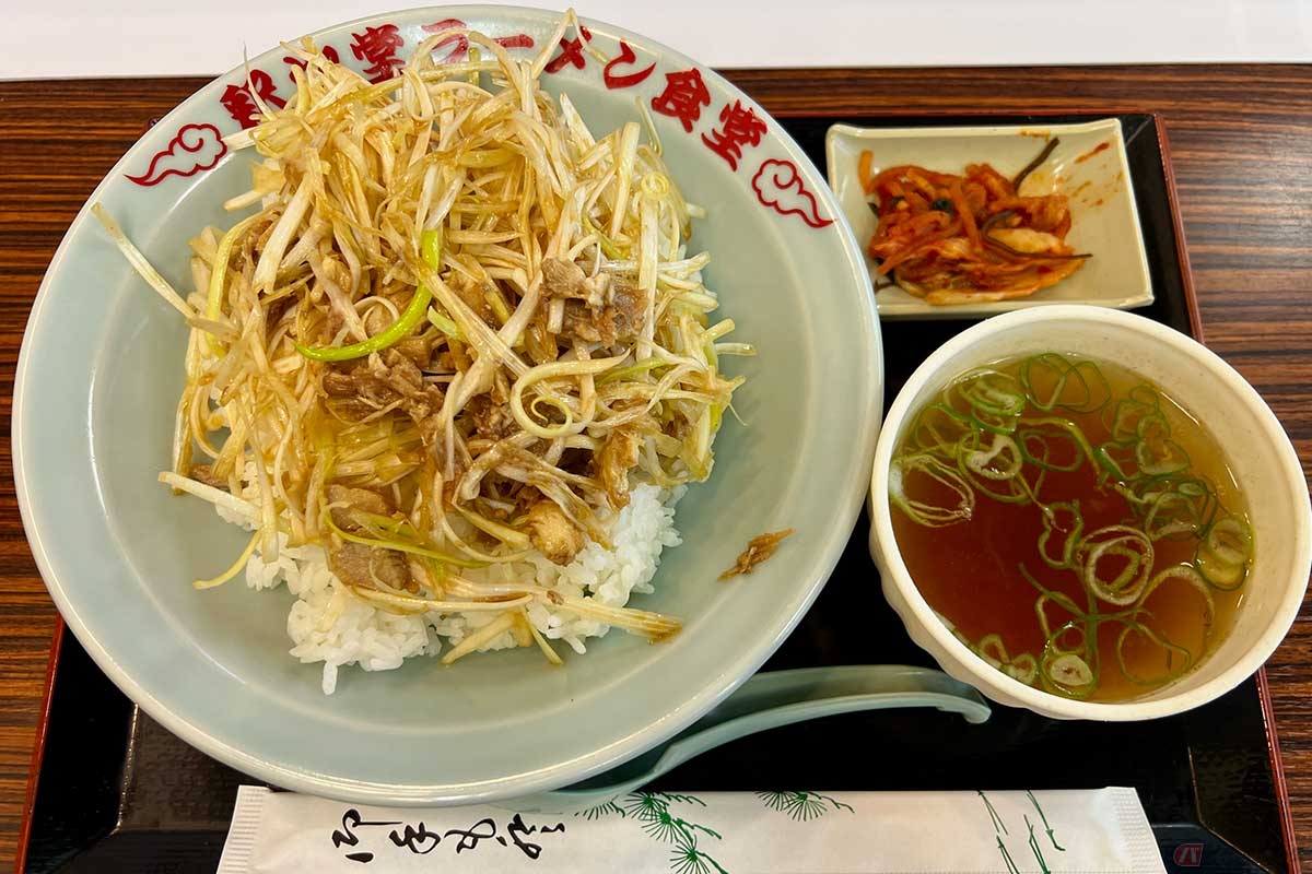 中央道「釈迦堂PA」（下り）で「シャカネギ飯（はん）」（650円）を実食。白髪ネギがご飯の上にどっさり。チャーシューとの組み合わせは大好物なので気分は最高
