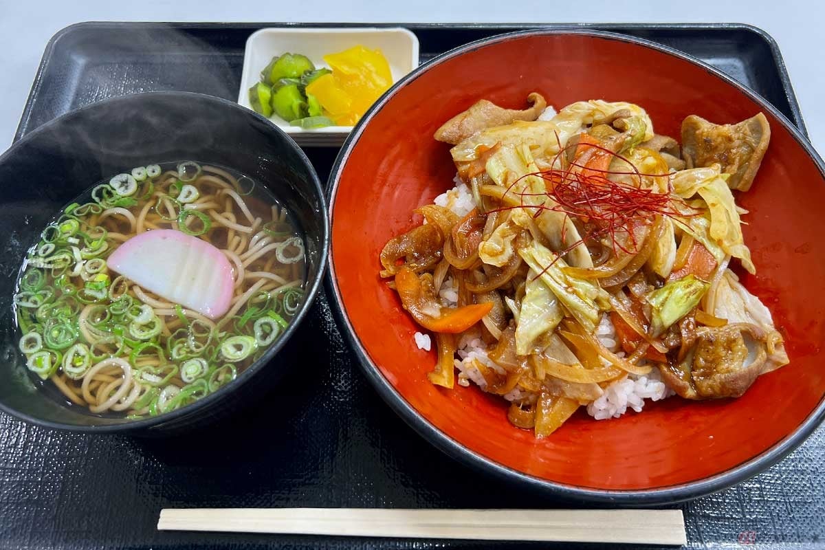 名阪国道「伊賀サービスエリア(伊賀ドライブイン)」でいただいた「牛ホルモン丼ミニそばセット」(1260円)。やはり選びがちなコッテリ系の丼とあっさり系の麺。空腹を満たすのに最強の組み合わせ