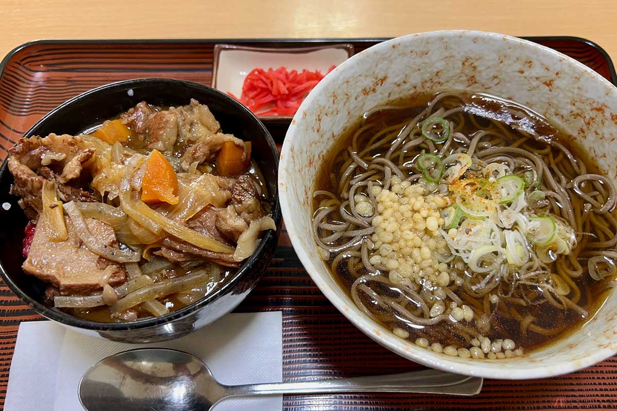 常磐道「谷田部東PA」（下り）でいただいた「かけそば・ミニ牛すじカレー丼」（950円）は、なかなか充実した組み合わせで味も満足できるものだった