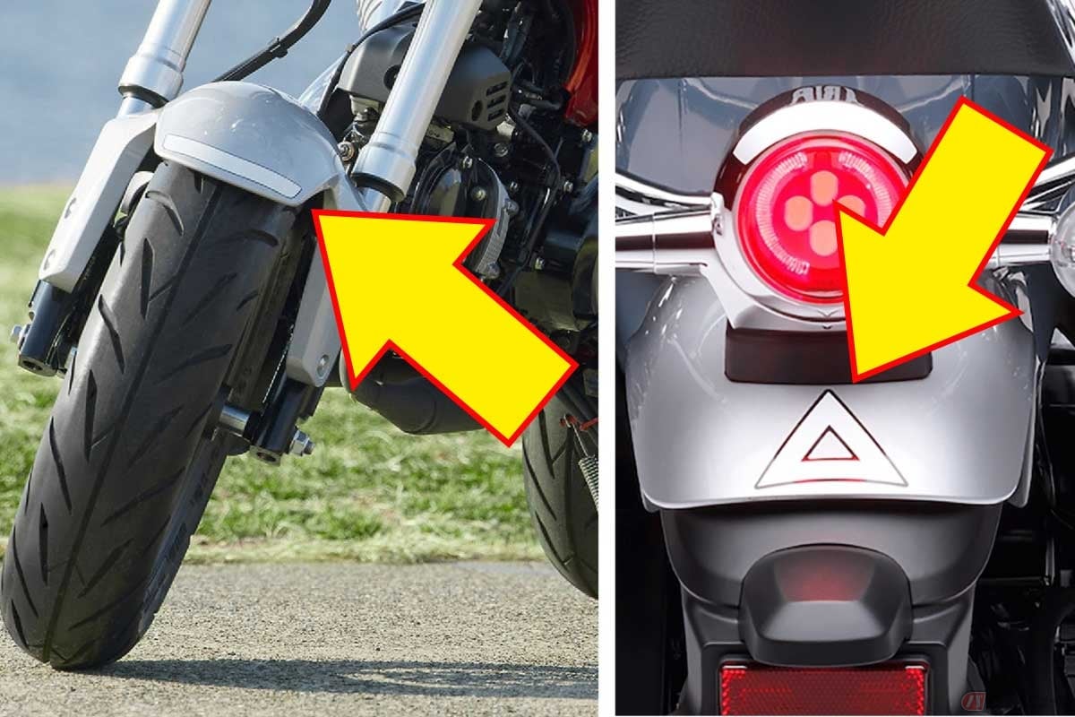 原付2種のバイクは、フロントフェンダーの先端に白い帯、リアフェンダーに白い「△（三角）」マークのステッカーが貼られている