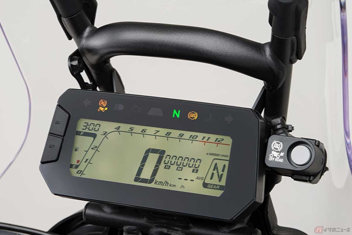 ホンダ「CRF250 RALLY」は、メーターの右横にリアABSのOFFスイッチを装備。メーター上部にはリアABSのインジケーターが備わる