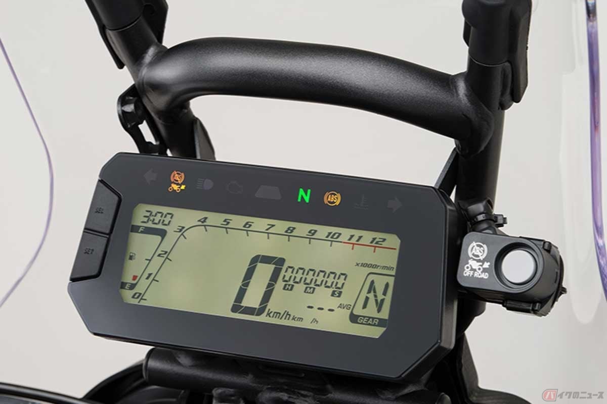 ホンダ「CRF250 RALLY」は、メーターの右横にリアABSのOFFスイッチを装備。メーター上部にはリアABSのインジケーターが備わる