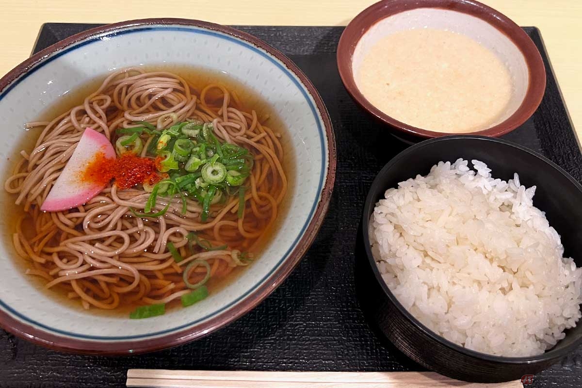 新東名「遠州森町PA」(上り)で夕食に選んだ「とろろそば定食」(1150円)は、見たまんまの温かいかけそばとご飯のシンプルなセット。とろろはどちらにかけても美味しかった