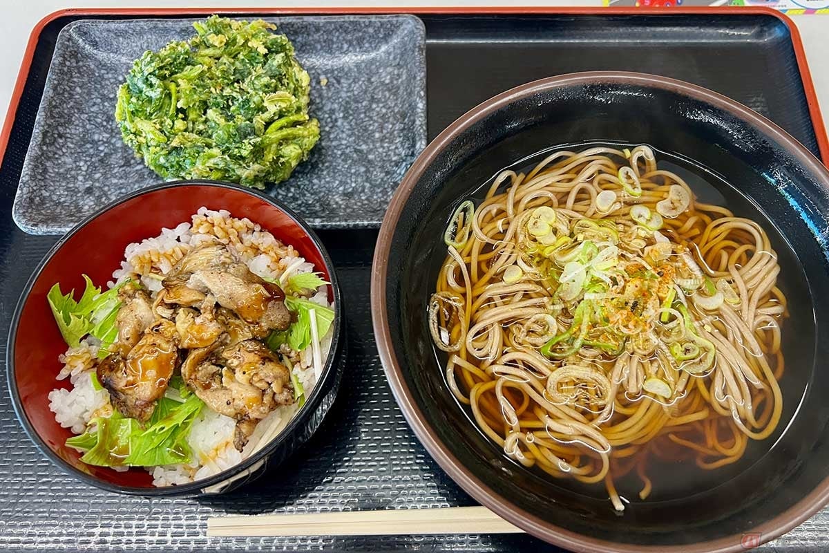 東関道「酒々井PA」(下り)で「ミニ鶏ハラミご飯」とシンプルな「かけそば」、それに春菊の天ぷらの組み合わせをチョイス
