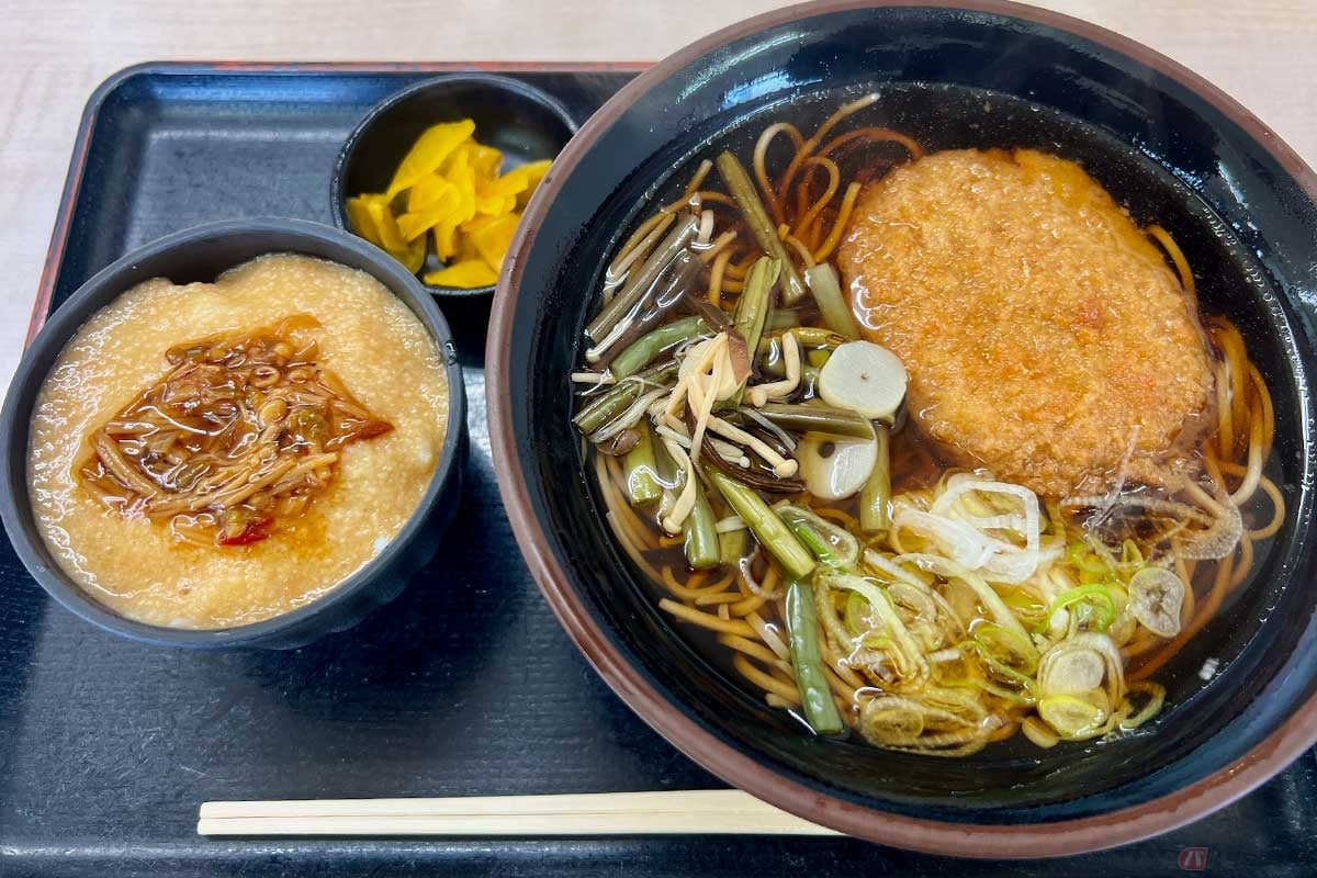 上信越道「松代PA」(上り)で純和風な見栄えの「わさびコロッケそばとろろご飯セット」(1200円)を実食。「第2回ハイウェイめし甲子園」のエントリーメニューだった