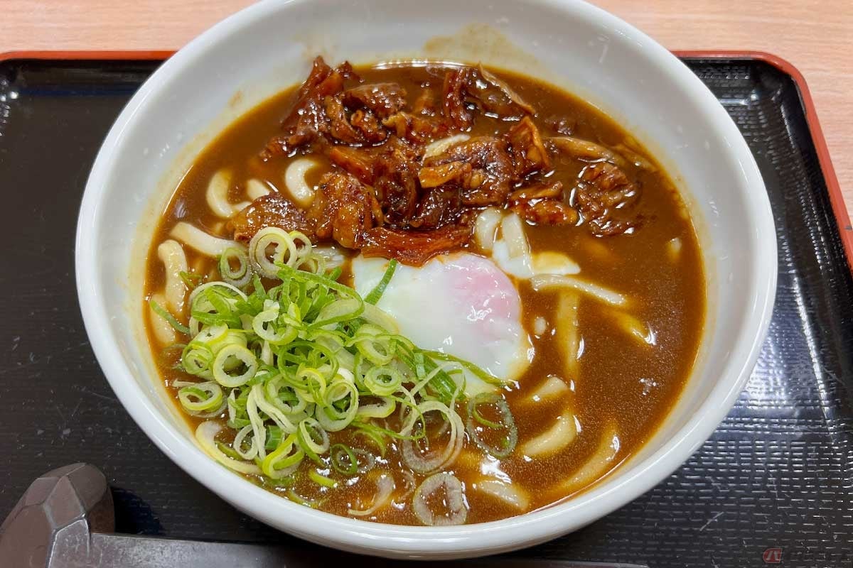 中国道「加西SA」(上り)のフードコートで出会った「牛すじカレーうどん on タズミのたまご」(1200円)は、柔らかく煮込まれた牛すじと「タズミのたまご」を使った温玉がトッピングされた、いままで経験の無い味わいだった