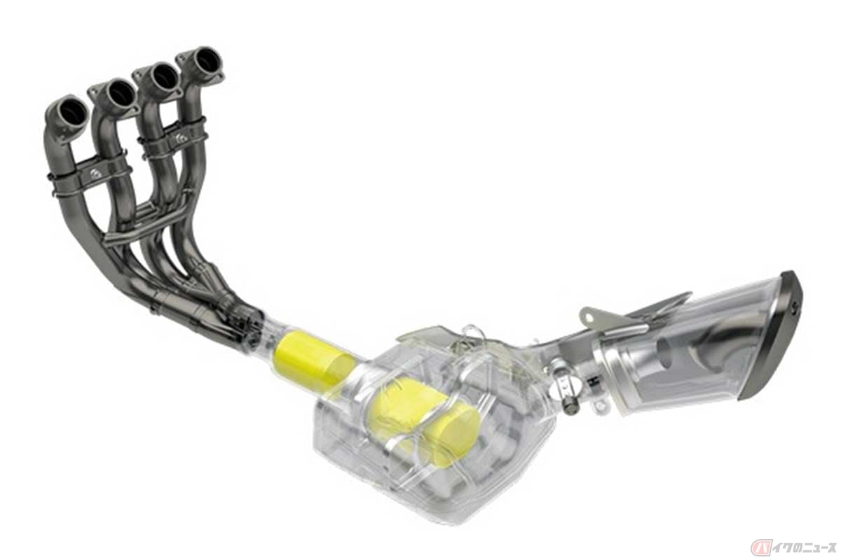 エンジン下の大きなボックス（チャンバー）を設けるスズキ「KATANA」のマフラー