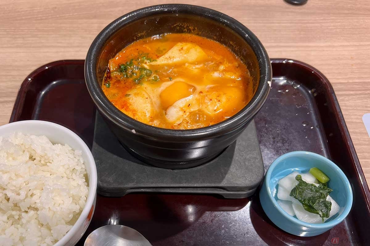 新東名「NEOPASA清水」で「海鮮チゲ鍋定食」(1120円)を実食。固形燃料に火がついた状態で手渡されるチゲ鍋はグツグツと煮立っていた。熱々の状態で食べられるのが嬉しい