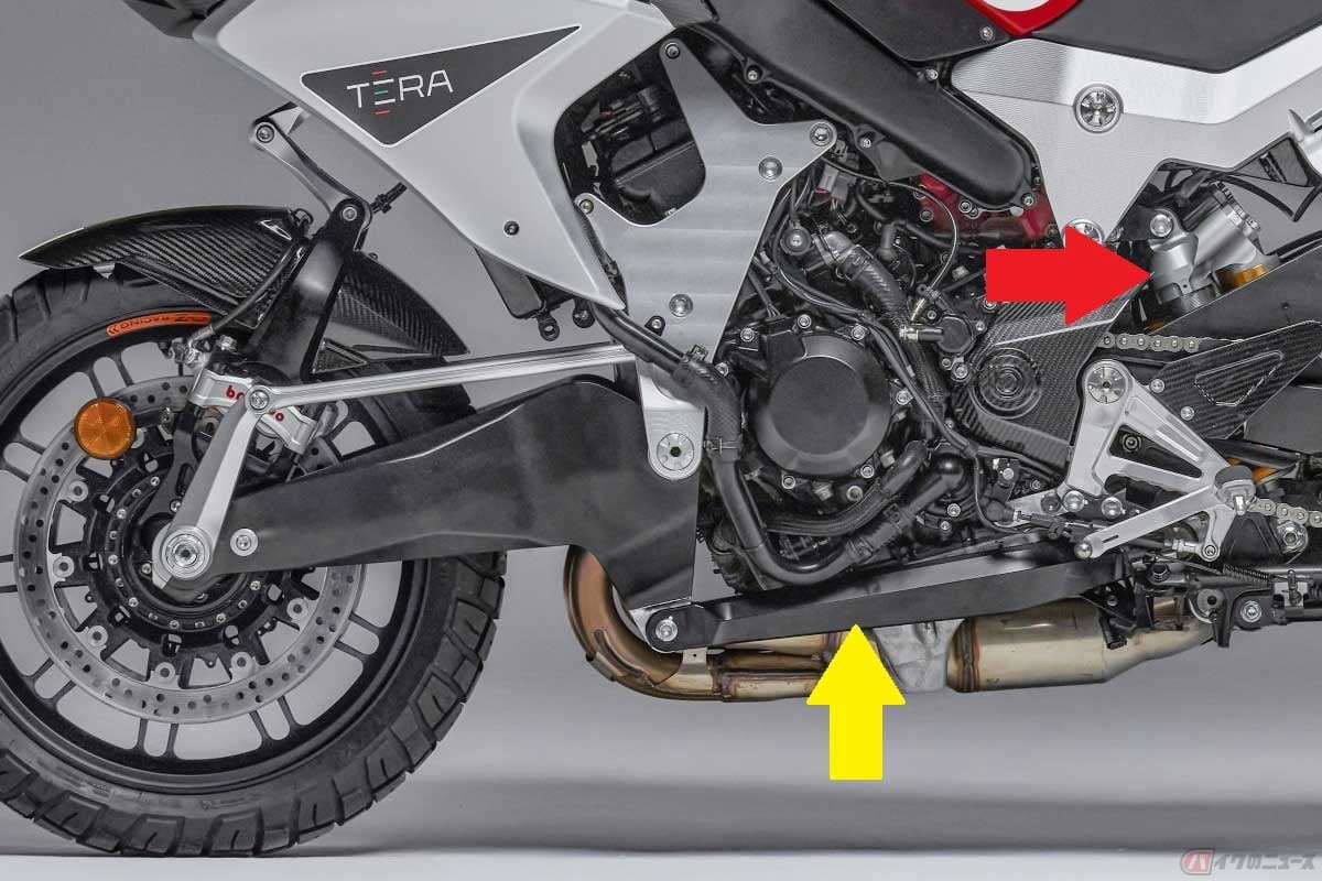フロントのスイングアームの左側下部から延びる太いロッド(黄矢印)が、リンクを介してショックユニット(赤矢印)を動かす。