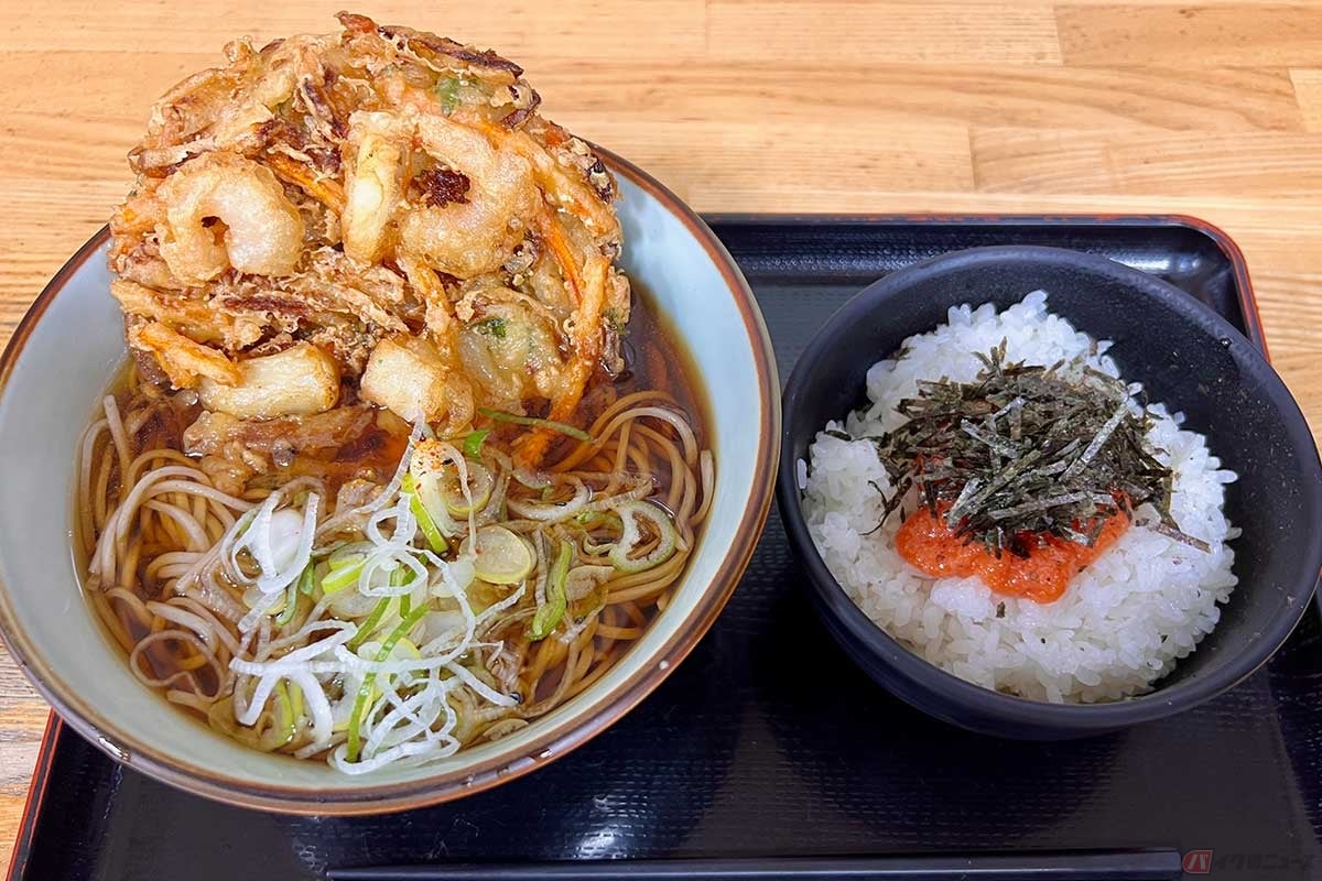 東関道「湾岸幕張PA」(上り)で「海鮮かき揚げ天そば ミニ明太ご飯」(1300円)を実食。丼に刺さった大きな海鮮かき揚げと、赤い色が鮮やかな明太子で見た目のインパクトも楽しめるセットメニューだった
