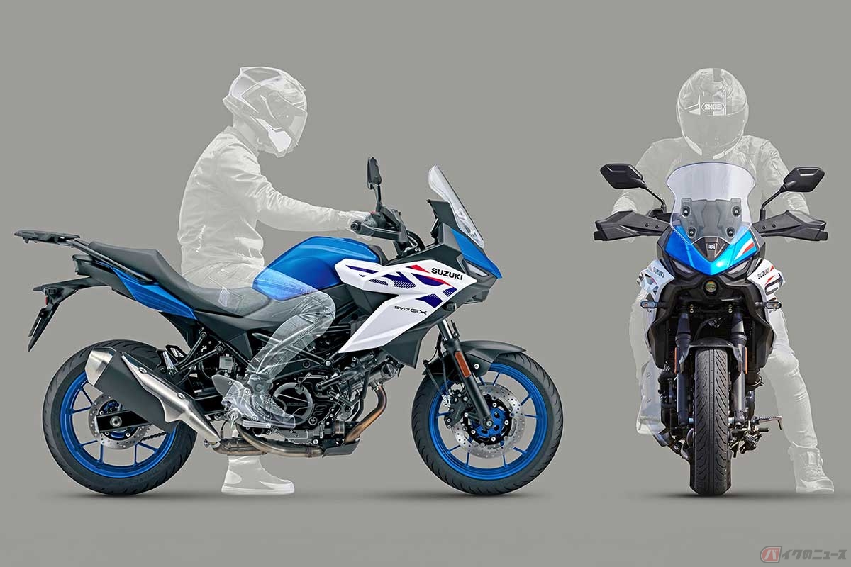 「SV-7GX」のライディングポジションは、既存の2台のスズキ製ミドルVツインの中間的。「SV650」を基準にすると、ハンドルグリップ位置は17mm高くて24mm手前で、シートは10mm高く、ステップ位置は17mm低い