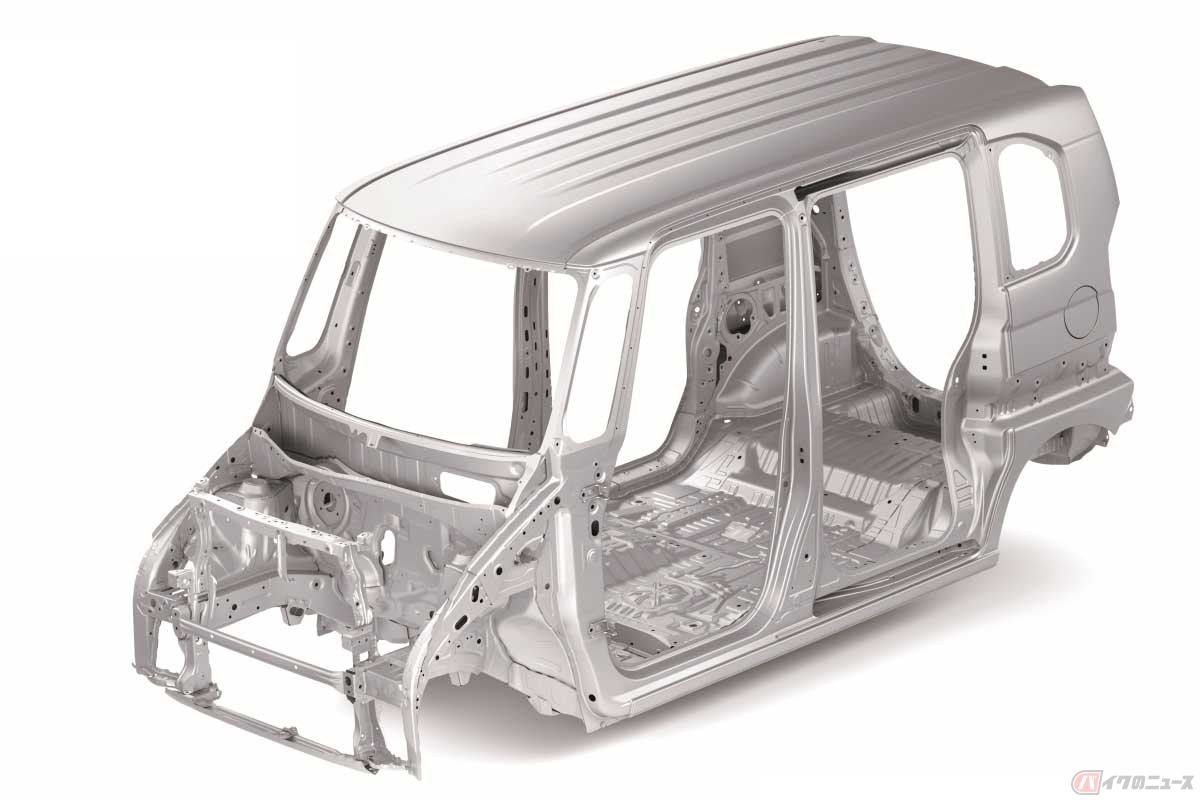 ホンダの軽自動車「N-BOX」（2017年モデル）のモノコックボディ。乗用車（クルマ）はモノコックボディ（モノコックフレーム）が一般的だが……