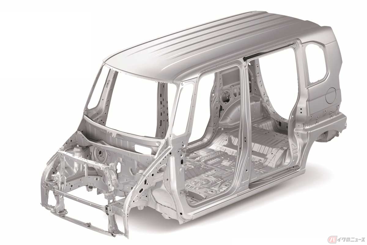 ホンダの軽自動車「N-BOX」(2017年モデル)のモノコックボディ。乗用車(クルマ)はモノコックボディ(モノコックフレーム)が一般的だが……