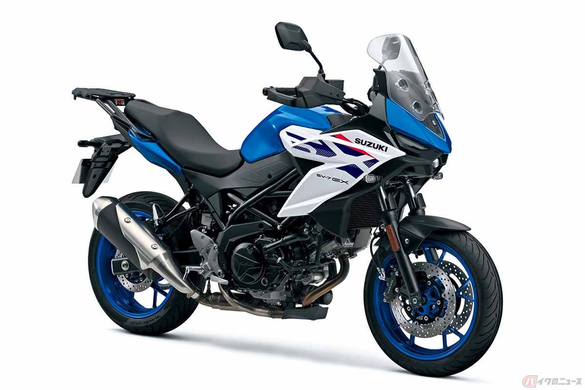 スズキが2026年の大阪・東京・名古屋モーターサイクルショーで展示する新型クロスオーバーモデル「SV-7GX」（海外仕様車）