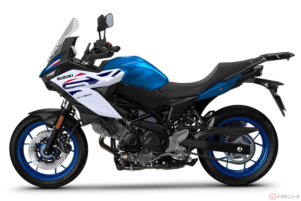 「SV650」と「V-Strom650」の美点を併せ持つであろうスズキ新型「SV-7GX」は、車重211kg、軸間距離1445mm、シート高795mmで、タイヤは前後17インチを採用