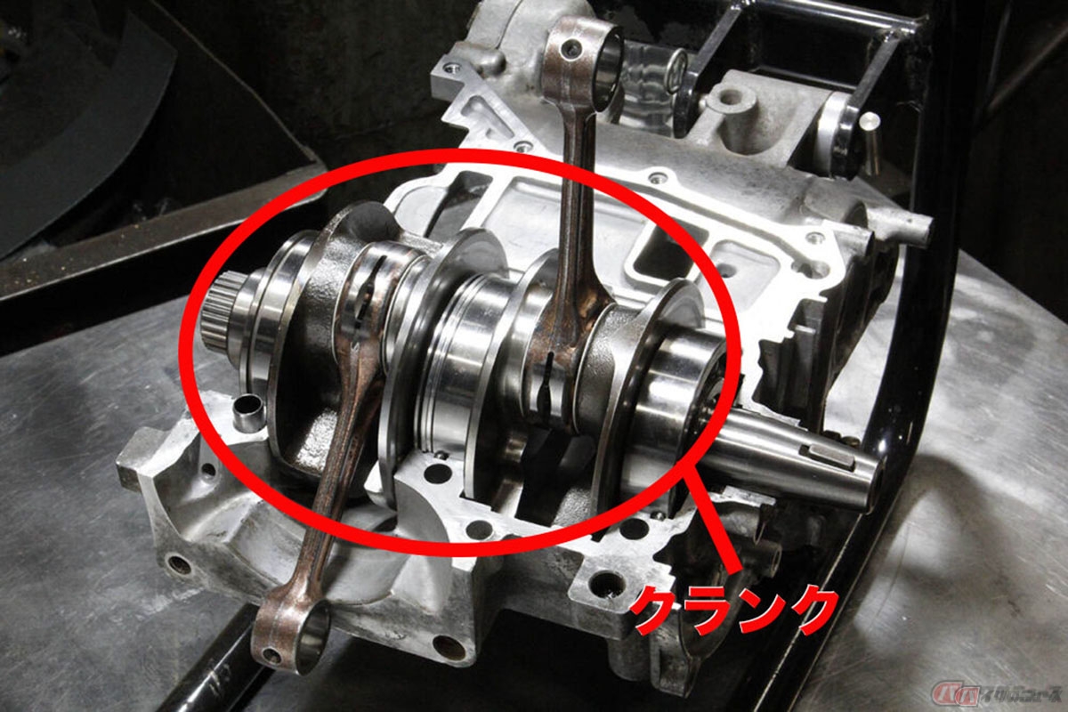 ピストンの上下の動き(直線運動)を「回転運動」に変換するクランクシャフト。画像はホンダ「NSR250R」のクランク