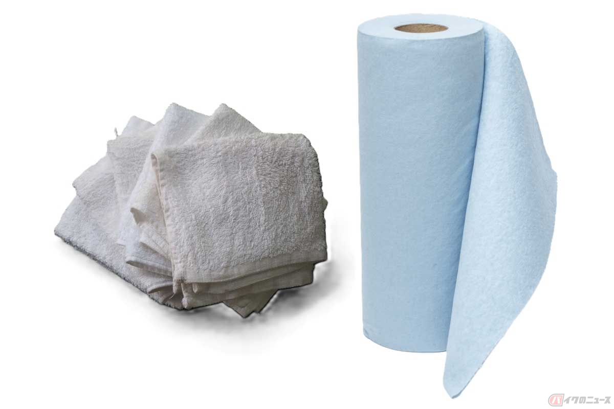 拭き取りに使うウエスやペーパータオル（作業用ペーパーウエス）はできるだけたくさん用意し、使い回しはしない！