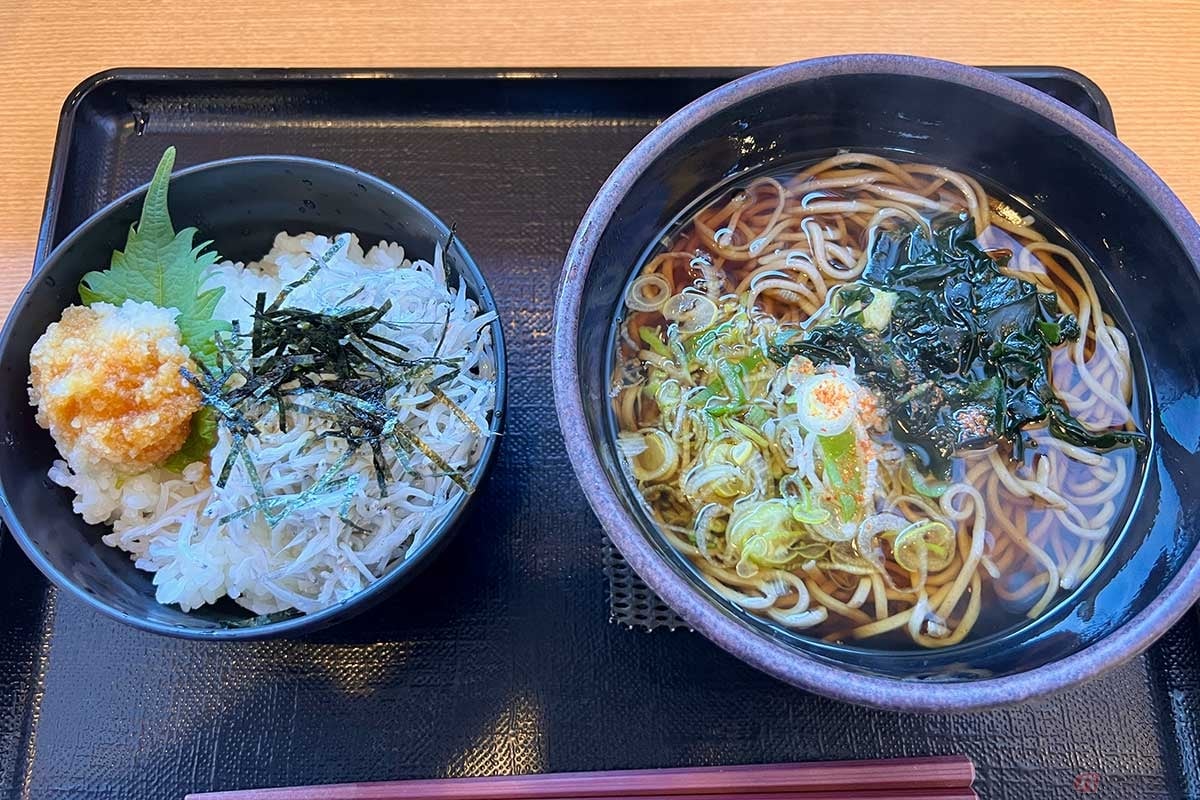 東名「鮎沢PA」(下り)の「山小屋食堂」でセットメニューの「かけそば・しらす丼セット」(900円)をチョイス。シンプルなかけそばとしらす丼は程よいボリュームで朝食としても最適だった