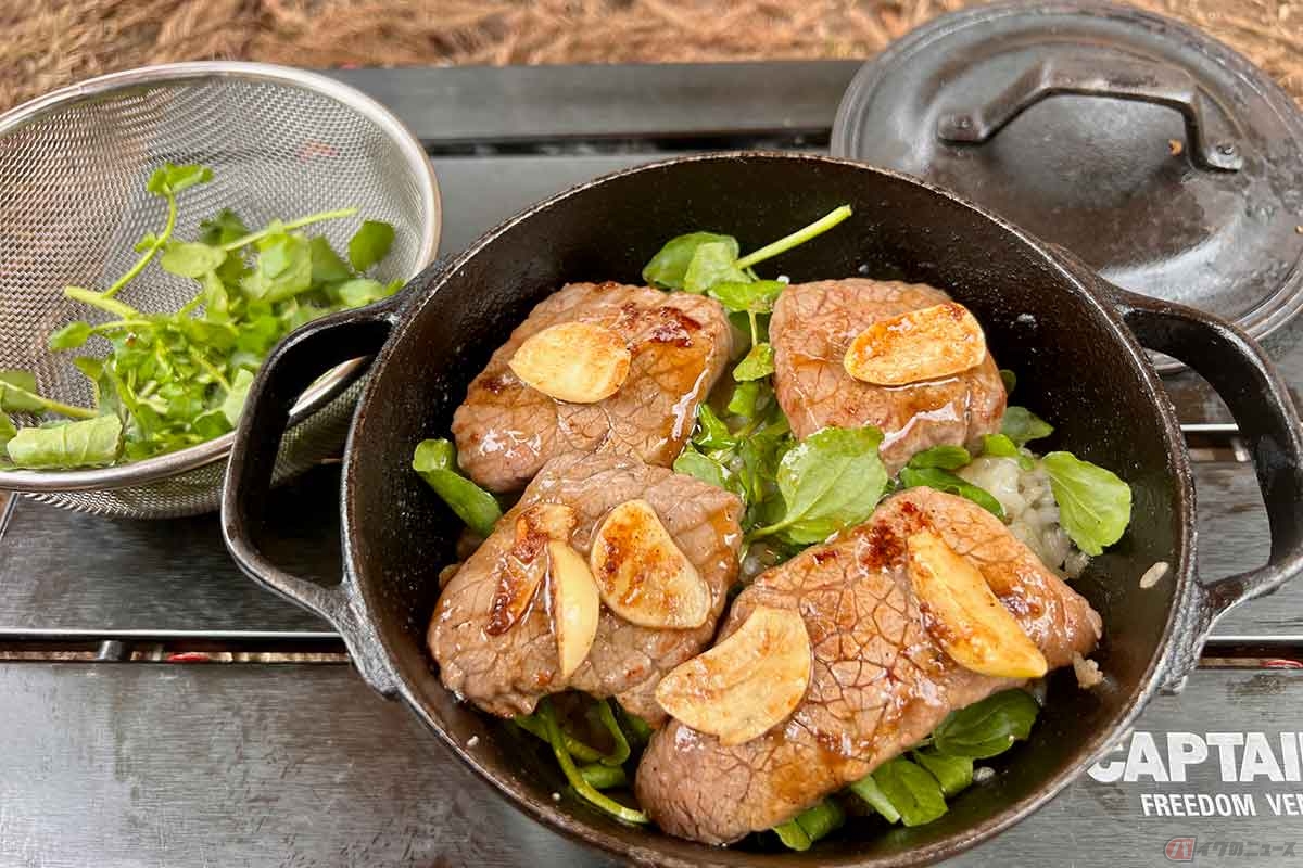 香り立つクミンライスとステーキ、さらに地元産のクレソンで彩ったキャンプ飯