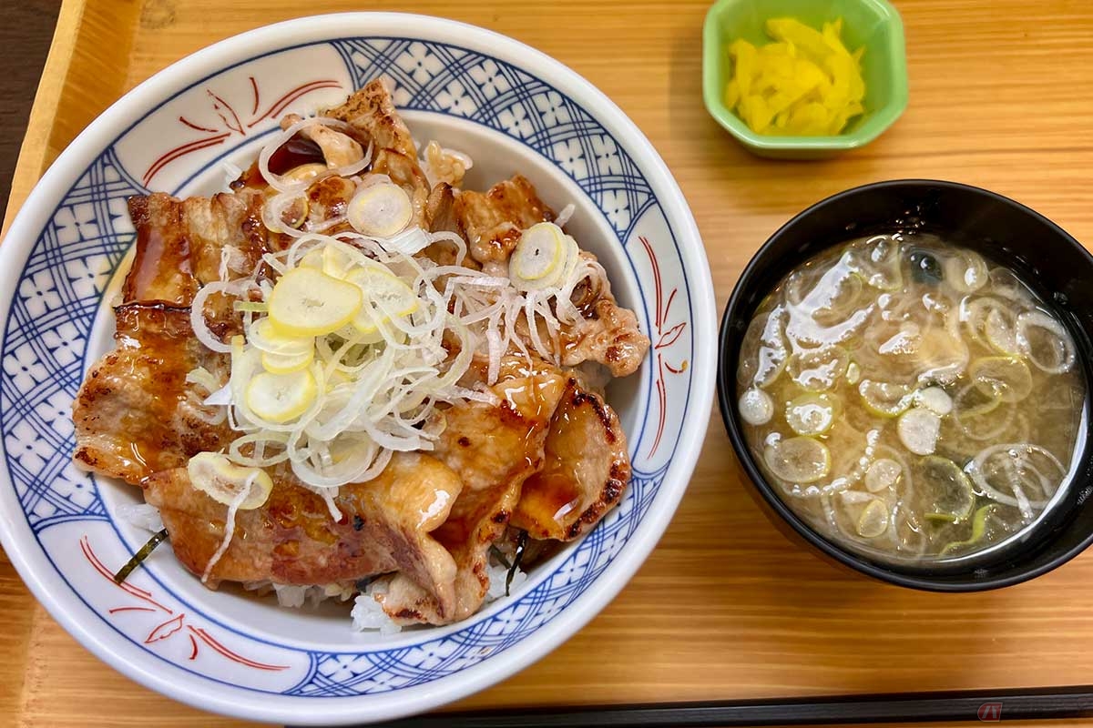 小田原厚木道路「大磯PA」で「箱根山麓豚を使った豚丼」（1050円）を実食。ツヤヤツヤした豚肉は見た目にも美味しそう。刻みネギがたっぷり入った味噌汁と少量の沢庵が丼のお供。こういうシンプルな組み合わせが良い