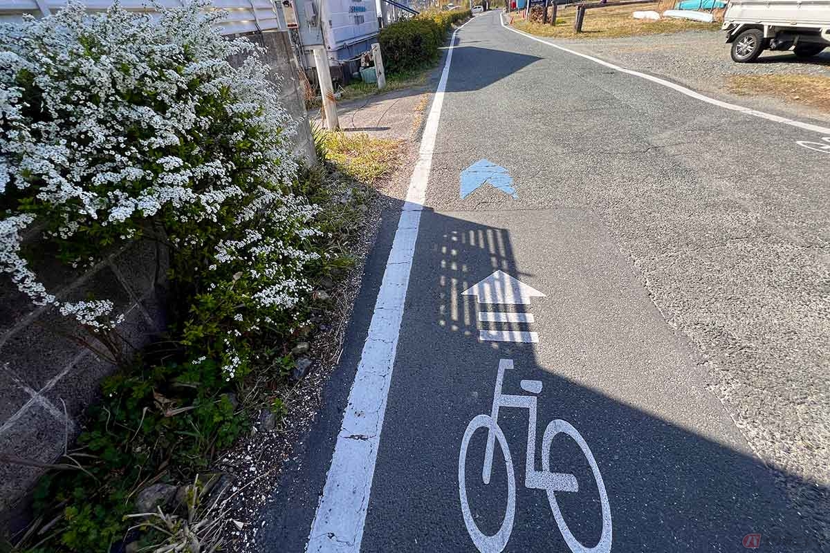 全区間というわけではないが、浜名湖周遊自転車道のマークを辿ることでサイクリング道を進むことができる。時おり車道から湖畔の専用道路に降りるポイントもある