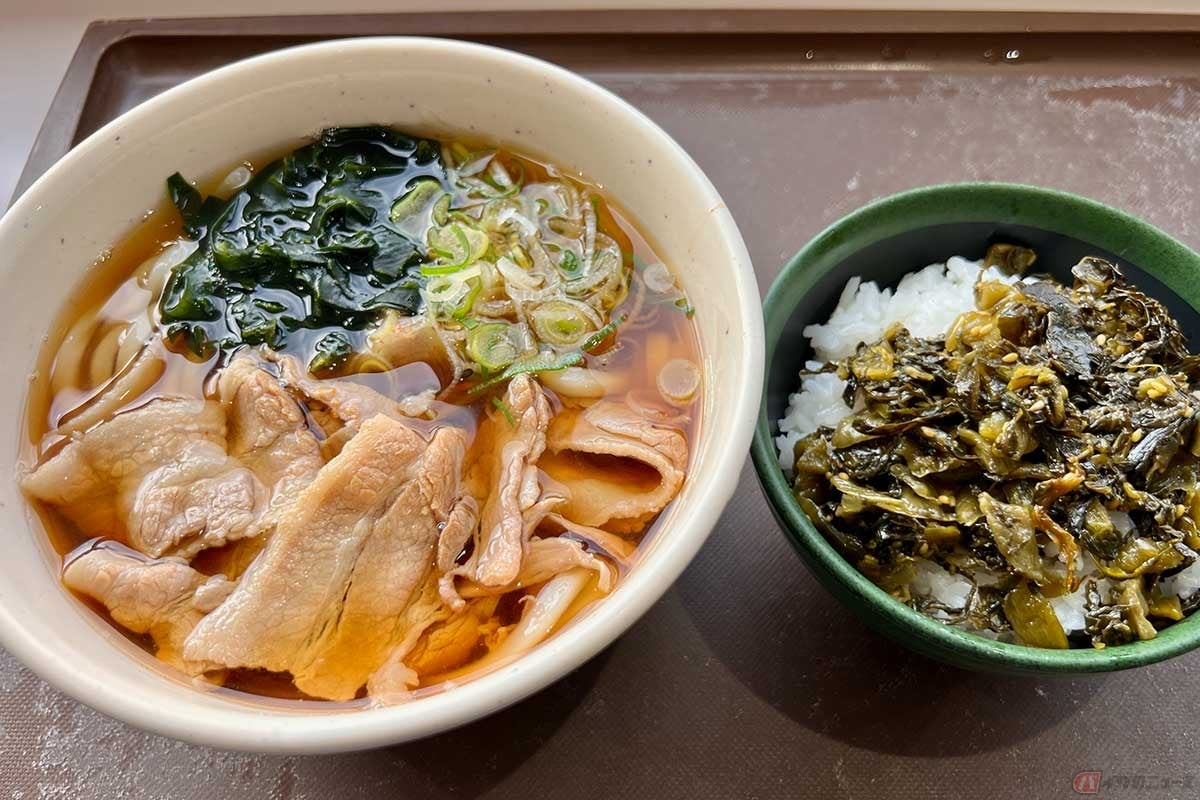 うどん・そばと高菜ご飯の組み合わせはいつみても美味しそうな「豚肉うどんセット」(900円)を実食。東名高速「中井PA」(下り)の鉄板の組み合わせになりつつある