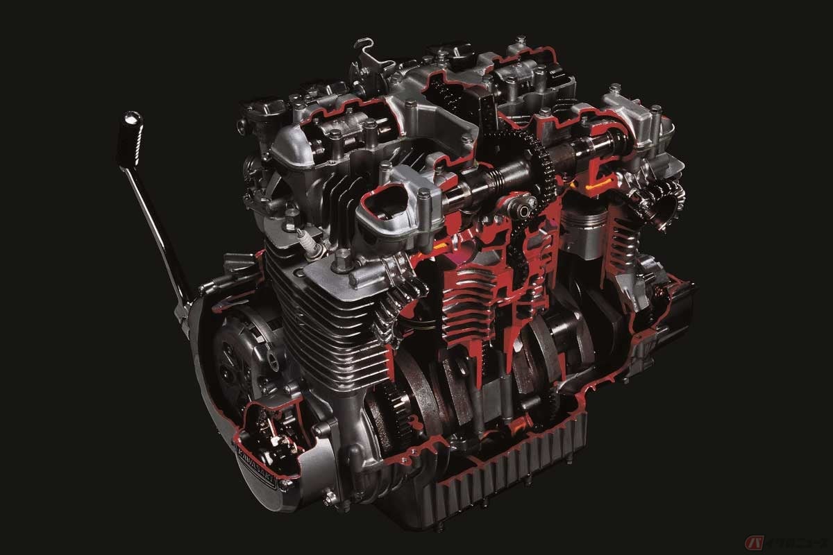 カワサキの「Z1」こと「900Super4」の4気筒DOHCエンジン（カットモデル）