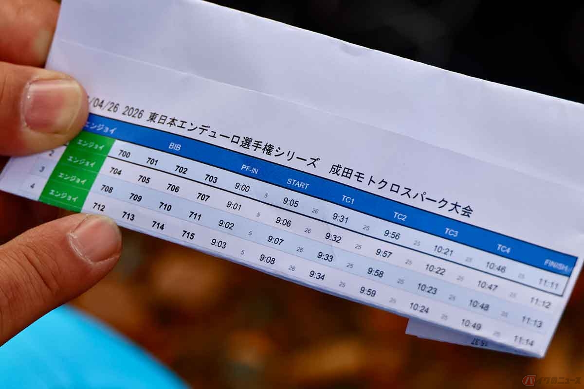 「オンタイムエンデューロ」はその名の通り、設定された時間に沿って走る競技。受付で配布されるタイム表には個人の各時間が記載されている。今大会は4人1組でスタート。井上さん（#713）はパルクフェルメに入るのが09:03、スタートが5分後の09:08、1周走って2周目に入る前のタイムチェック（TC1）が09:34なので、所要時間は26分となる