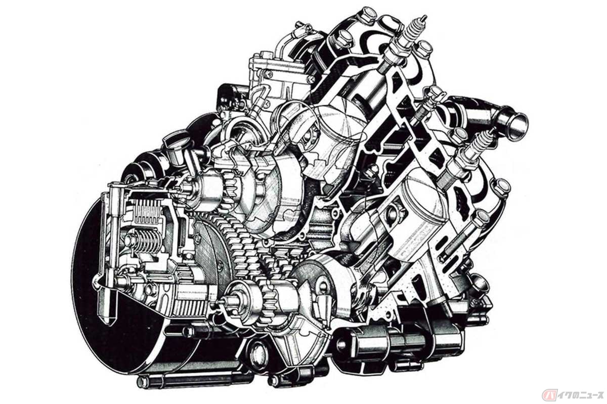 カワサキ「KR250」（1985年）が搭載する2ストローク・タンデムツインエンジンの構造図。2個のシリンダーが前後に並んでいる