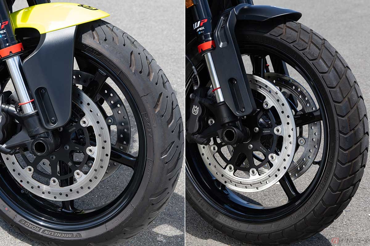 「Vitpilen 801」（左）と「Svartpilen 801」（右）のフロントタイヤ。標準で装着されているタイヤが異なり、走りにも違いが現れる