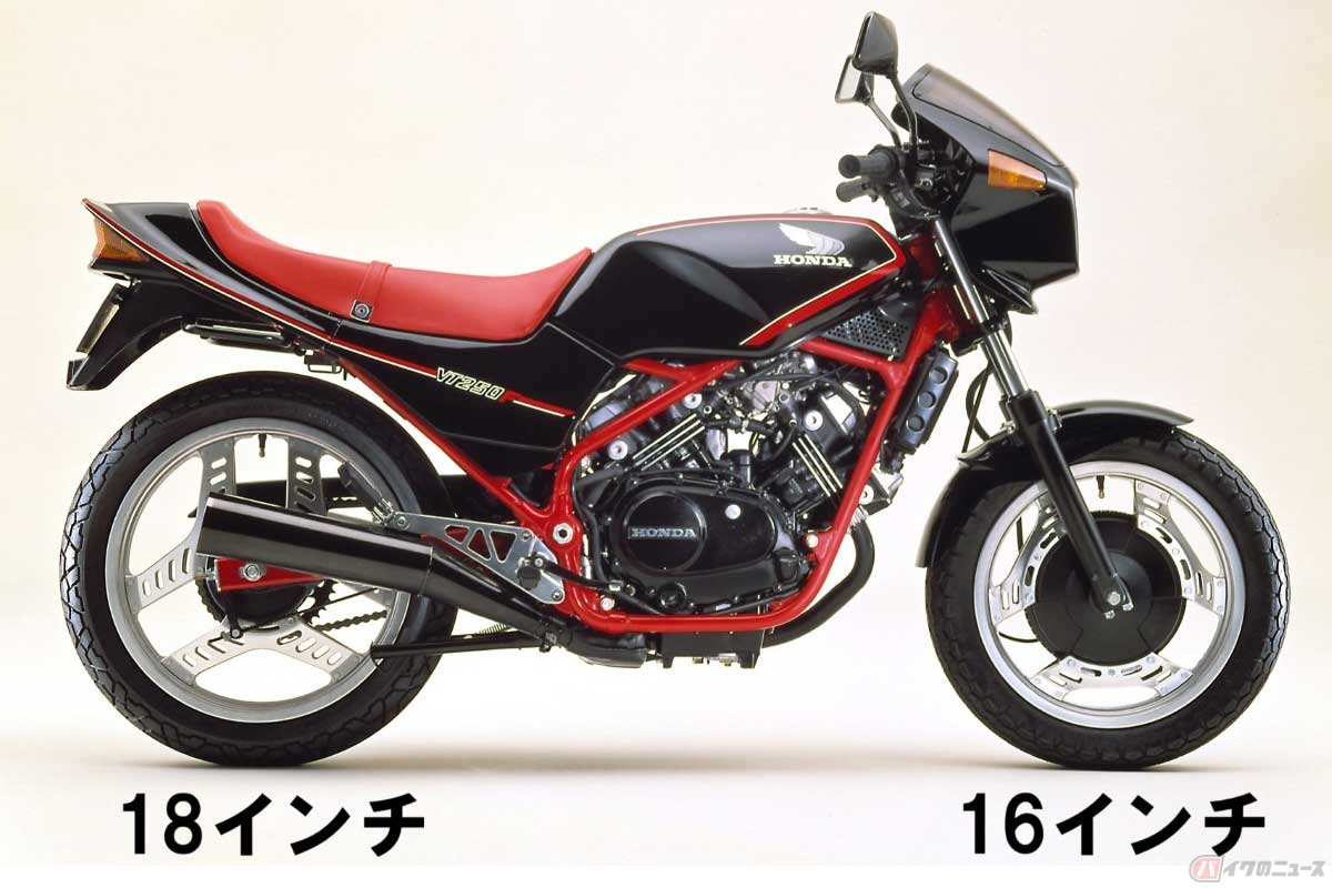Honda「VT250F」（1982年）很早就採用前16吋、後18吋輪圈。